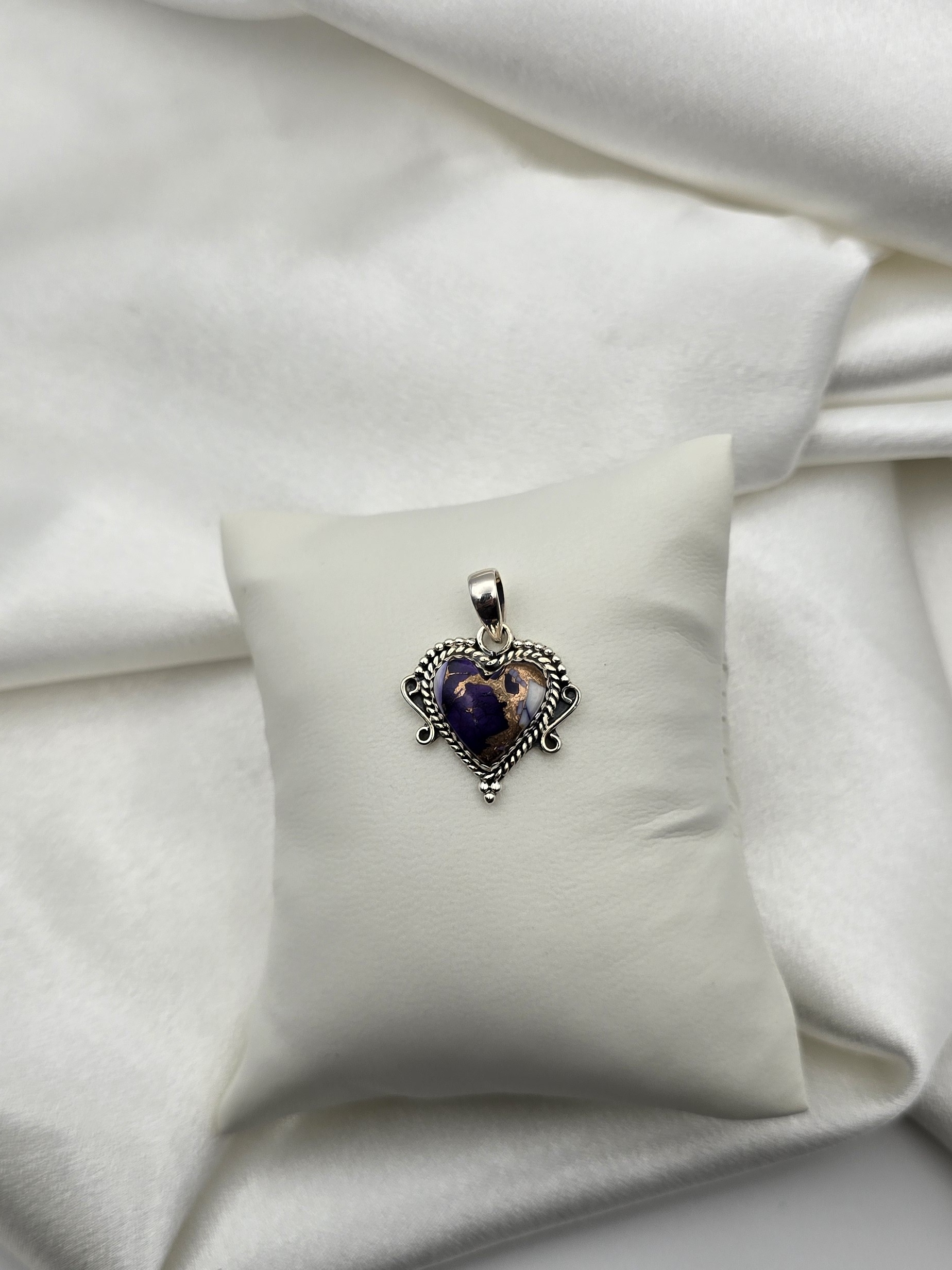 Sterling Silver 925 Heart-Shaped Purple Dahlia Gemstone Pendant